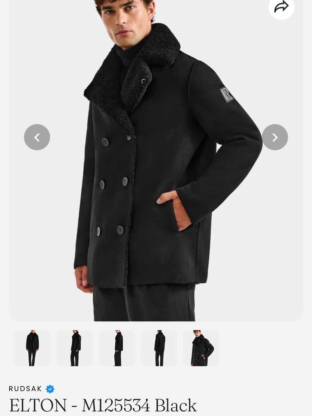 RUDSAK ELTON Mens Black Double-Breasted Shearling Peacoat reversible